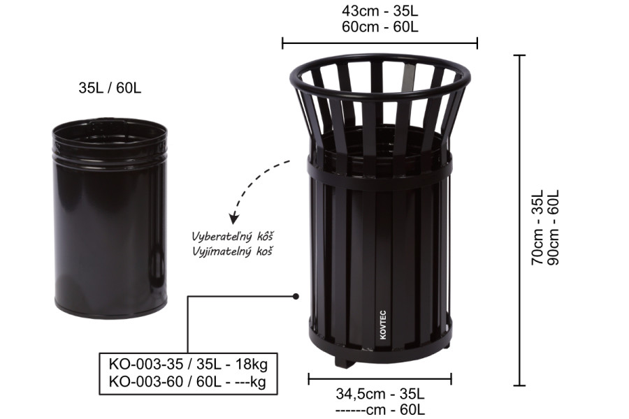 Szemeteskuka KO003, 60 literes, fekete